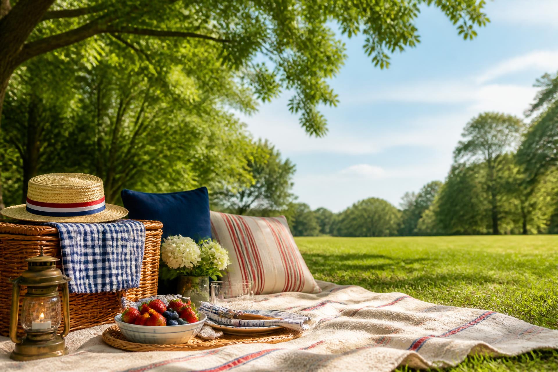 A sunny summer picnic spread with a wicker basket, gingham blanket, straw hat, and fresh berries in a green park